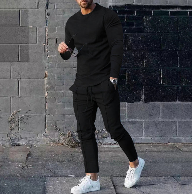 Men's Long-sleeved Suit Slim Crew Neck Pullover T-shirt And Pockets Drawstring Pencil Pants Casual Trousers Set Clothing