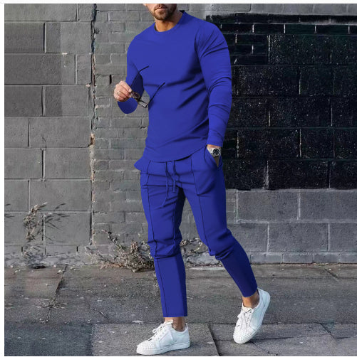Men's Long-sleeved Suit Slim Crew Neck Pullover T-shirt And Pockets Drawstring Pencil Pants Casual Trousers Set Clothing
